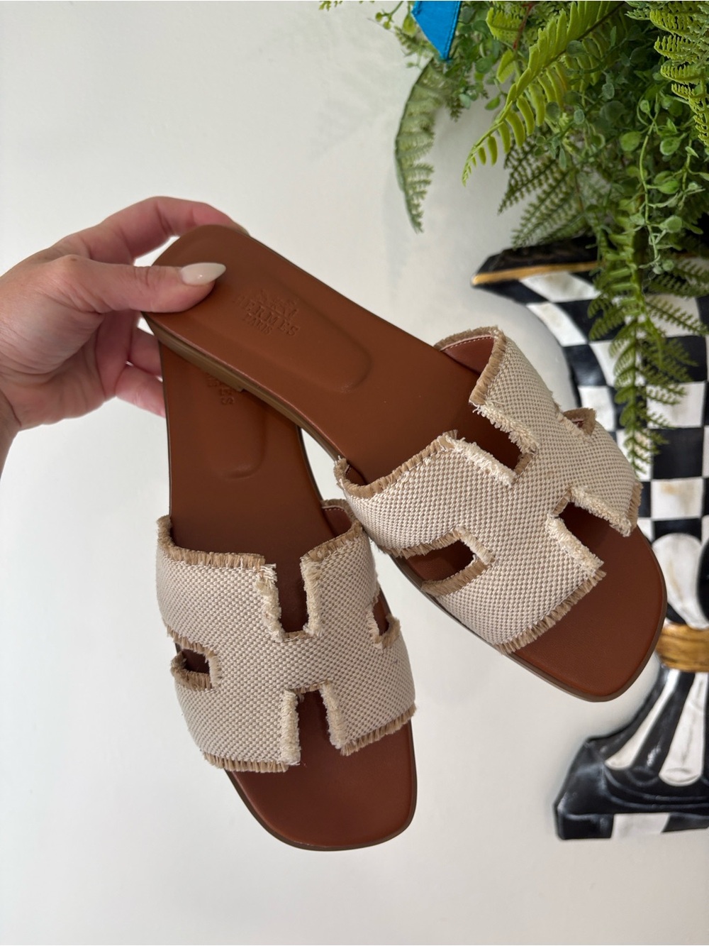 Hermès Oran Canvas Flat Slide Sandals Beige Size 40